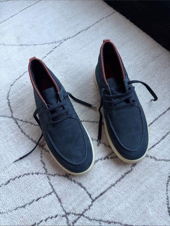 Loro Piana Other - Loro Piana Navy Suede Lace-Up Loafers with Tan Trim